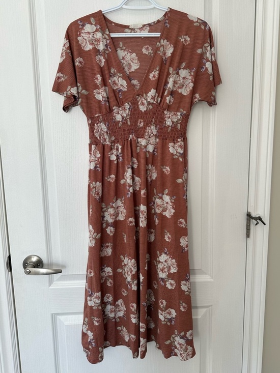 Ardene Dresses & Skirts - Terracotta Floral V-Neck Smocked Waist Flutter Sleeve Flowy Midi Dress Boho Chic